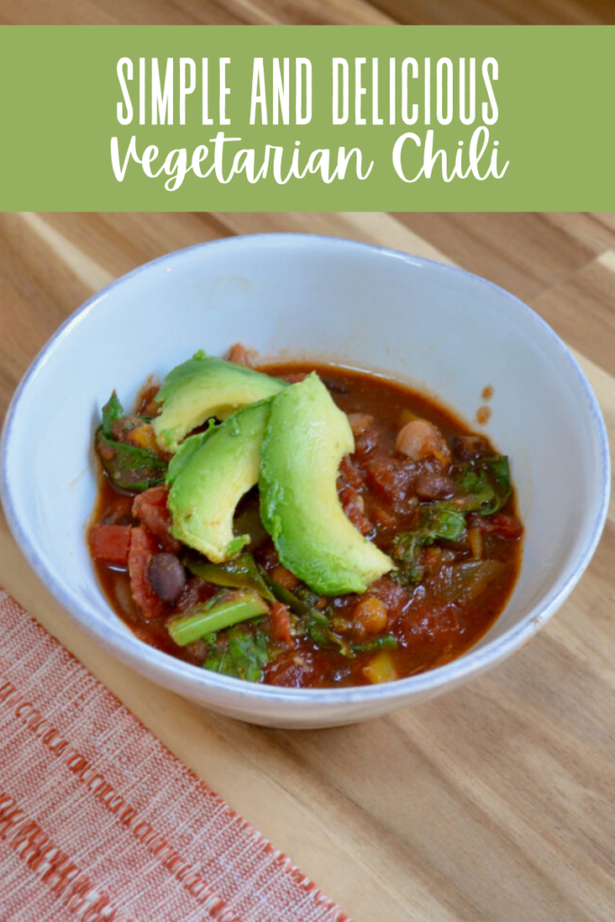 Simple and Delicious Vegetarian Chili title on image of bowl of chili with avocado